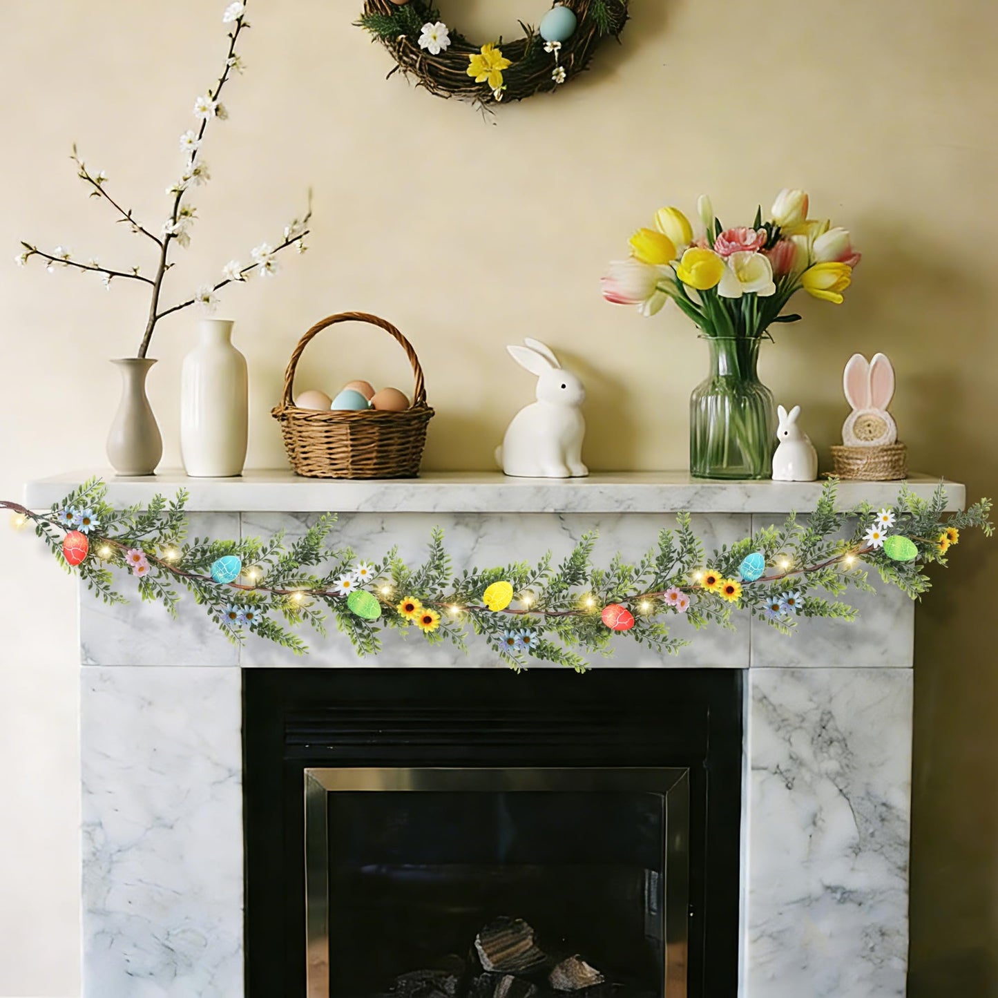 Easter Garland Decor, 6.5 FT LED Lighted Garland with Easter Eggs & Flowers, Spring Floral Decoration for Fireplace, Mantle, Table & Indoor Home Decor