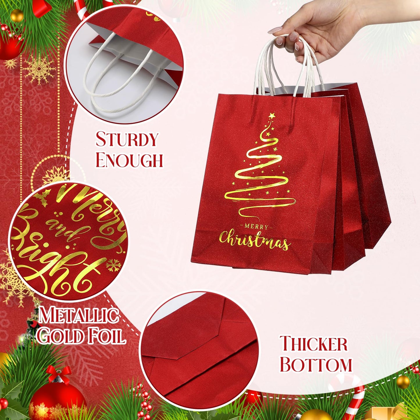 24 Pcs Christmas Gift Bags, Red Glitter Christmas Bags for Gifts with Tissue Paper, 6 Styles Red and Gold Foil Paper Goodie Bag with Handles, Bulk Xmas Holiday Reusable Party Favor Treat Bag