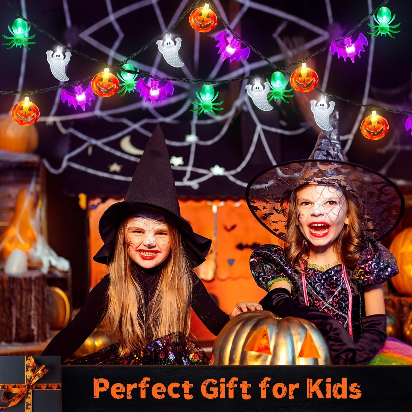 [Timer] 2 Pack Halloween Lights Total 23Ft 60 LED Pumpkin Bat Spider Ghost Halloween String Lights Battery Operated, 8 Modes Waterproof Indoor Outdoor Halloween Decorations Lights Home Window Decor