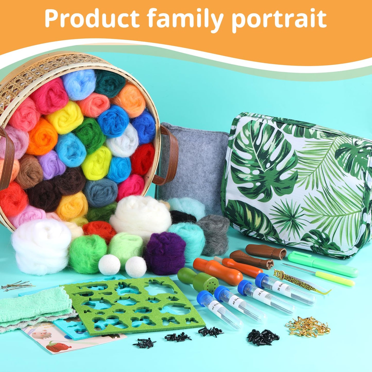 Needle Felting Kit, 42 Colors Wool Roving Starter Kit, Needle Felting Starter Kits, Needle Felting Wool with Felt Tools, Instructions, Green Storage Bag for Felted Animal