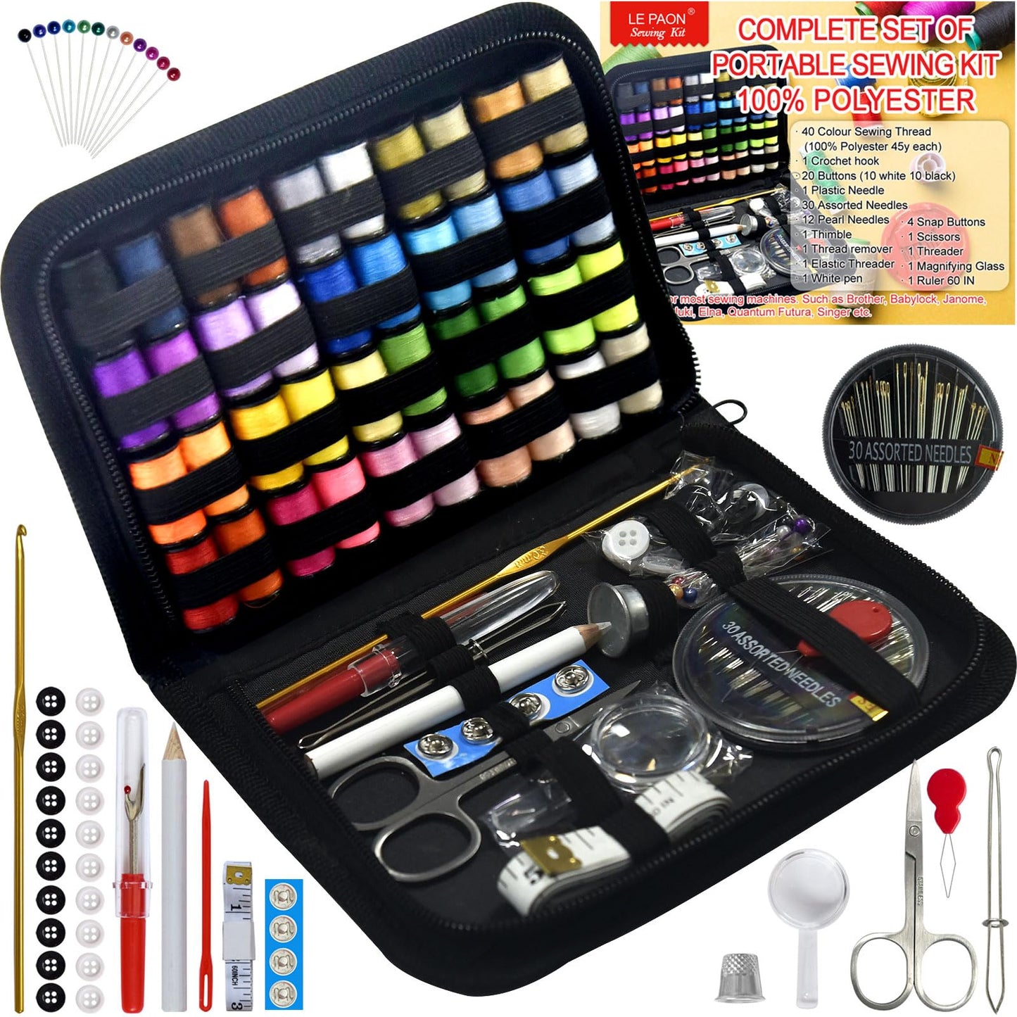 Sewing Kit with Case Portable Sewing Supplies for Home Traveler, Adults, Beginner, Emergency, Contains 40 Sewing Thread, Scissors, Needles, Measure etc