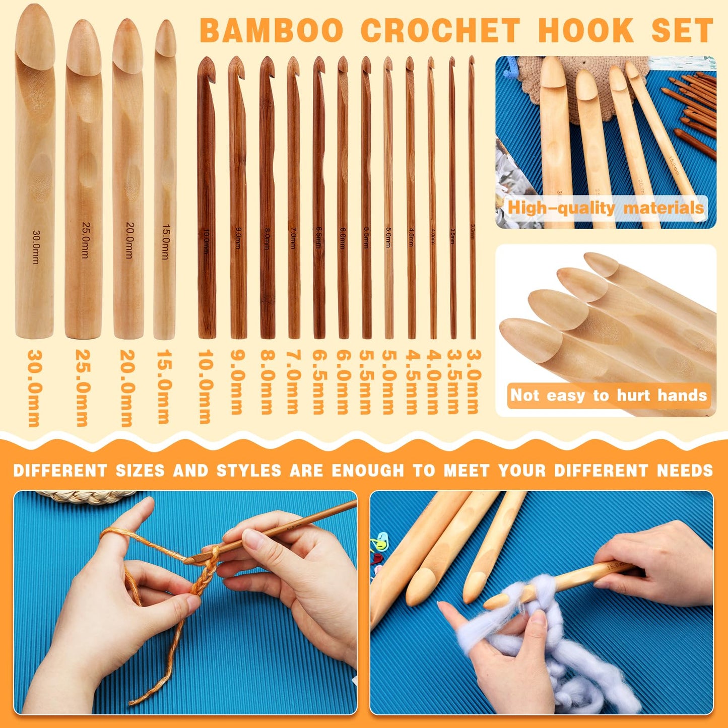 16 Pieces Wooden Crochet Hooks, 3 to 30 mm in Diameters Handle Crochet Hook Knitting Crochet Needles with 10 pcs Knitting Stitch Markers for Handcraft Crocheting