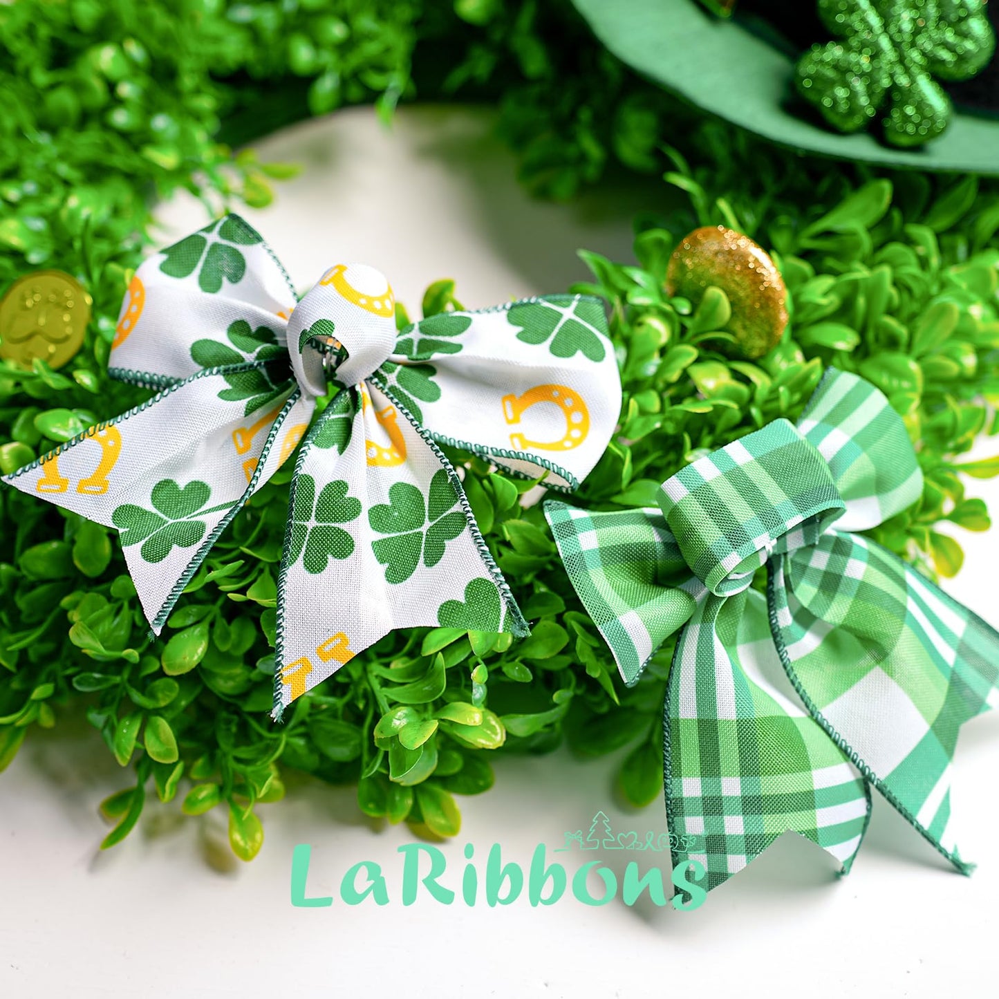 St Patricks Day Ribbon Wired 2 Rolls 2.5 Inch x 20 Yards Tt, Glitter Shamrock Green and White Plaid Ribbon for Crafts Supplies Wreath Bow Making DIY
