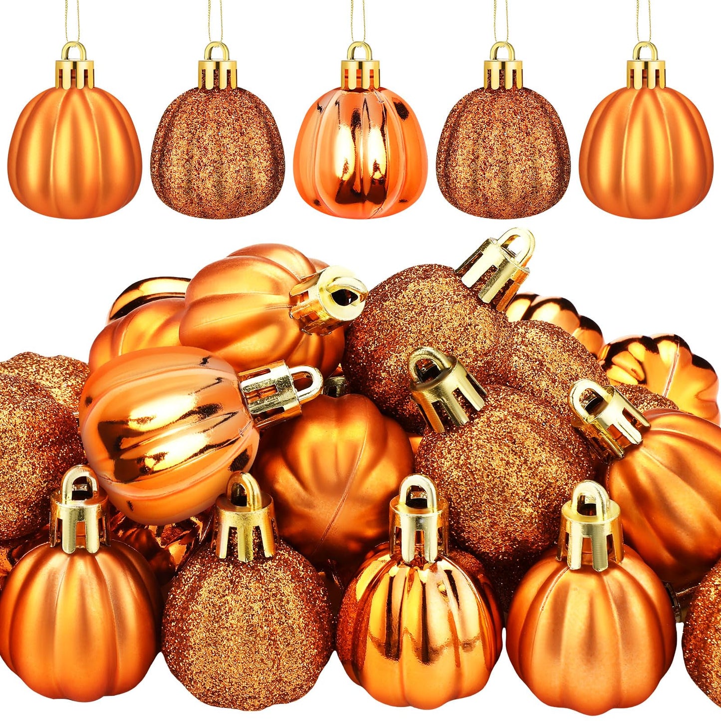 36 Pcs Thanksgiving Pumpkin Hanging Ornaments Fall Tree Decorations Mini Pumpkin Ball Decorations Farmhouse Fall Ornaments for Small Tree for Autumn Halloween Christmas(Gold)