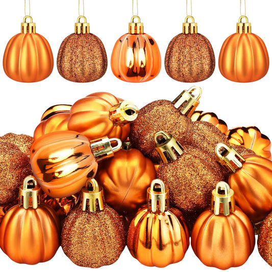 36 Pcs Thanksgiving Pumpkin Hanging Ornaments Fall Tree Decorations Mini Pumpkin Ball Decorations Farmhouse Fall Ornaments for Small Tree for Autumn Halloween Christmas(Gold)