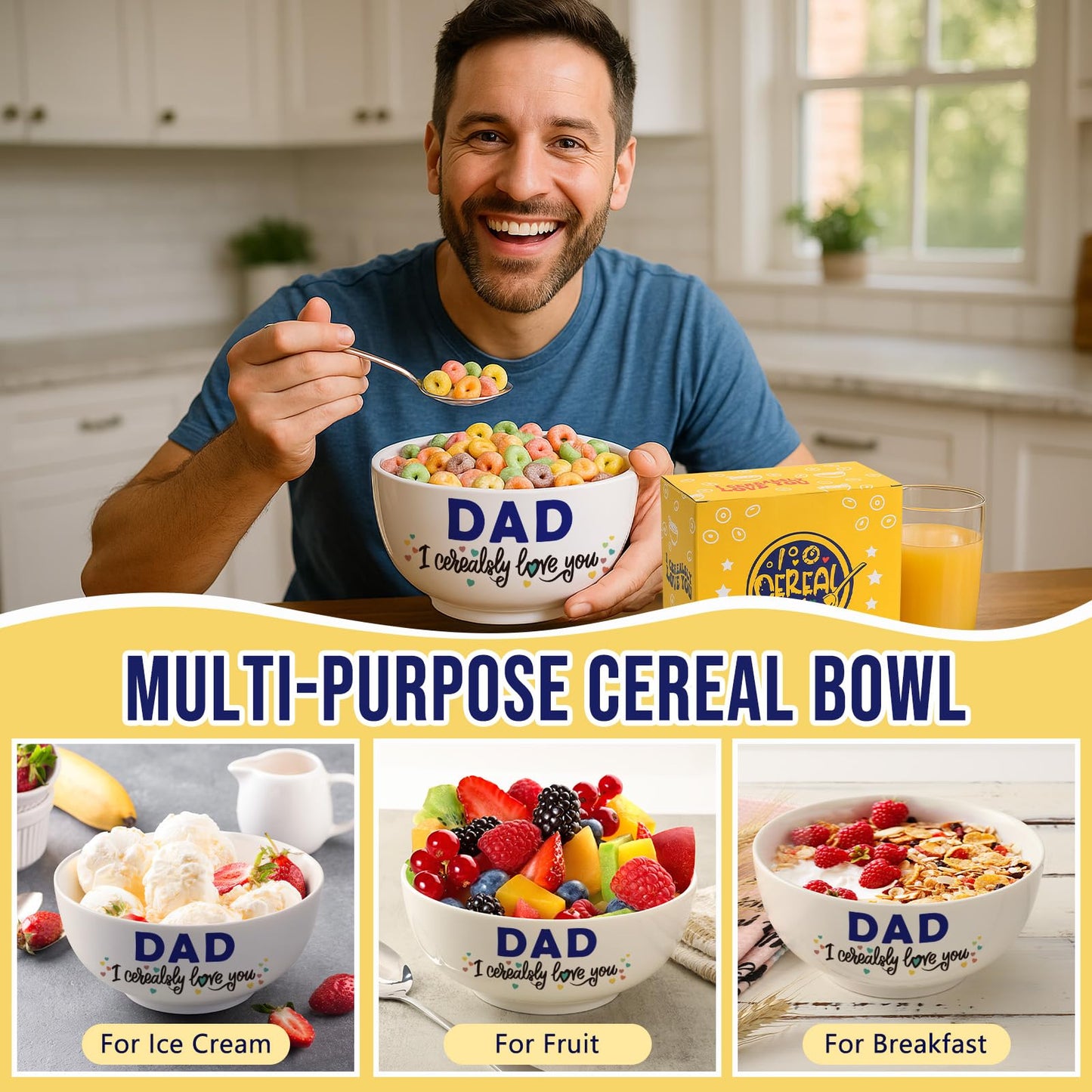 YEUYUQIU Fathers Day Dad Gifts from Daughter - Ideal Father's Day Birthday Gifts for Daddy Father, Dad Cereal Bowl Spoon Set Present for Valentines Father's Day Christmas - Cerealsly Love You Daddy