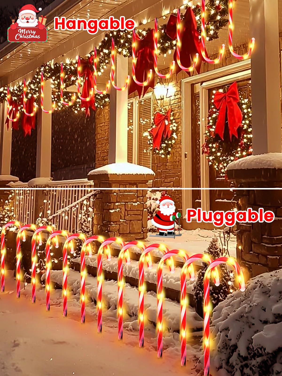 Upgraded 24 Pack Candy Cane Solar Christmas Lights Waterproof, Rechargeable Pathway Lights with Remote, Solar Powered & USB Charging Christmas Decorations Outdoor for Garden Lawn Yard Party