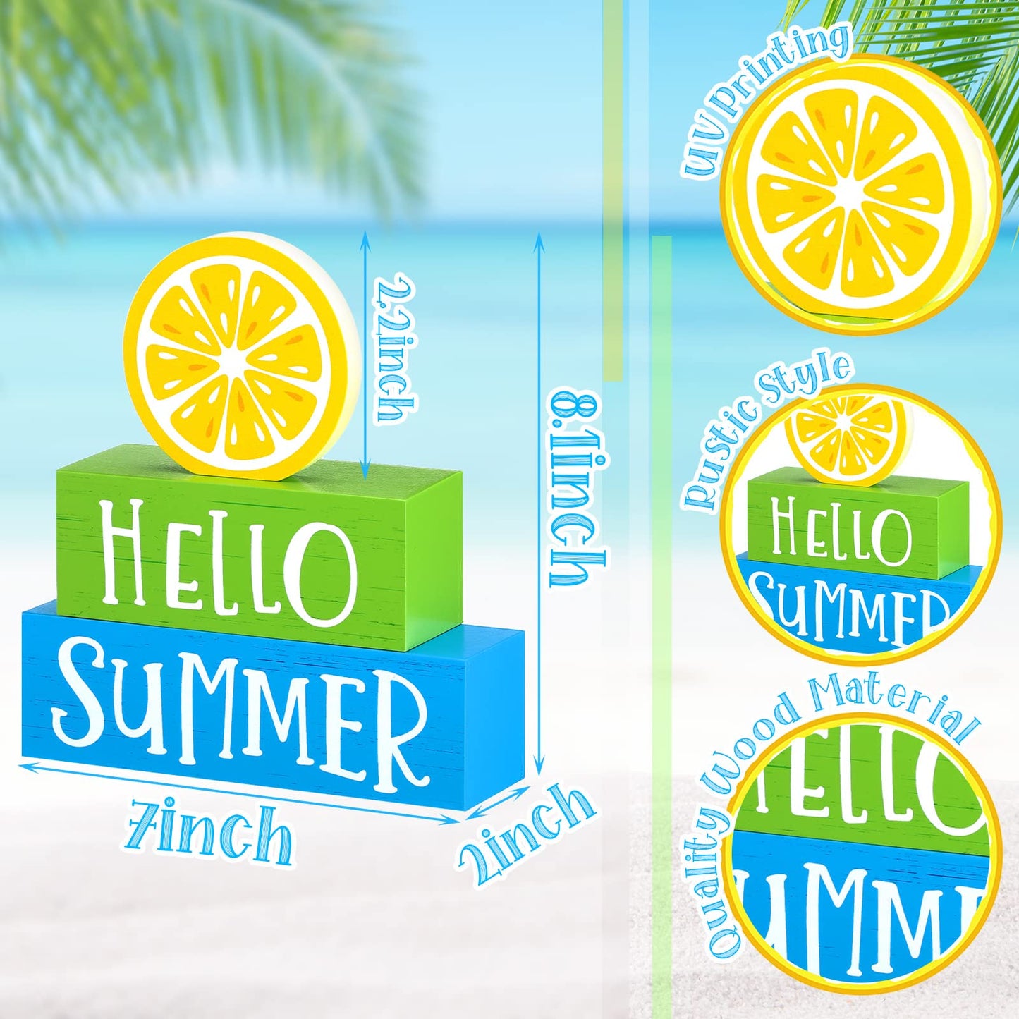 3 Pieces Summer Wooden Block Decor for Home Lemon Wooden Tiered Tray Block Decor Rustic Hello Summer Sign for Living Mantle Kitchen Table Party Decoration
