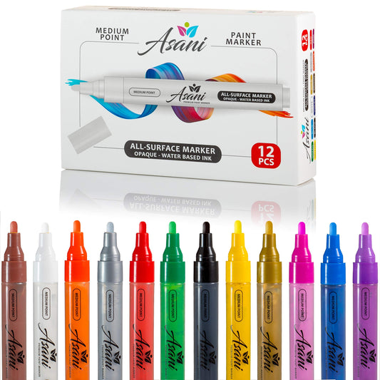 Paint Pens Acrylic Markers Set (12-Color) | For Rock Painting, Glass, Wood, Porcelain, Ceramic, Fabric, Paper, Kindness Rocks, Mugs, Calligraphy, Unique Arts and Crafts Supplies (Medium Point)