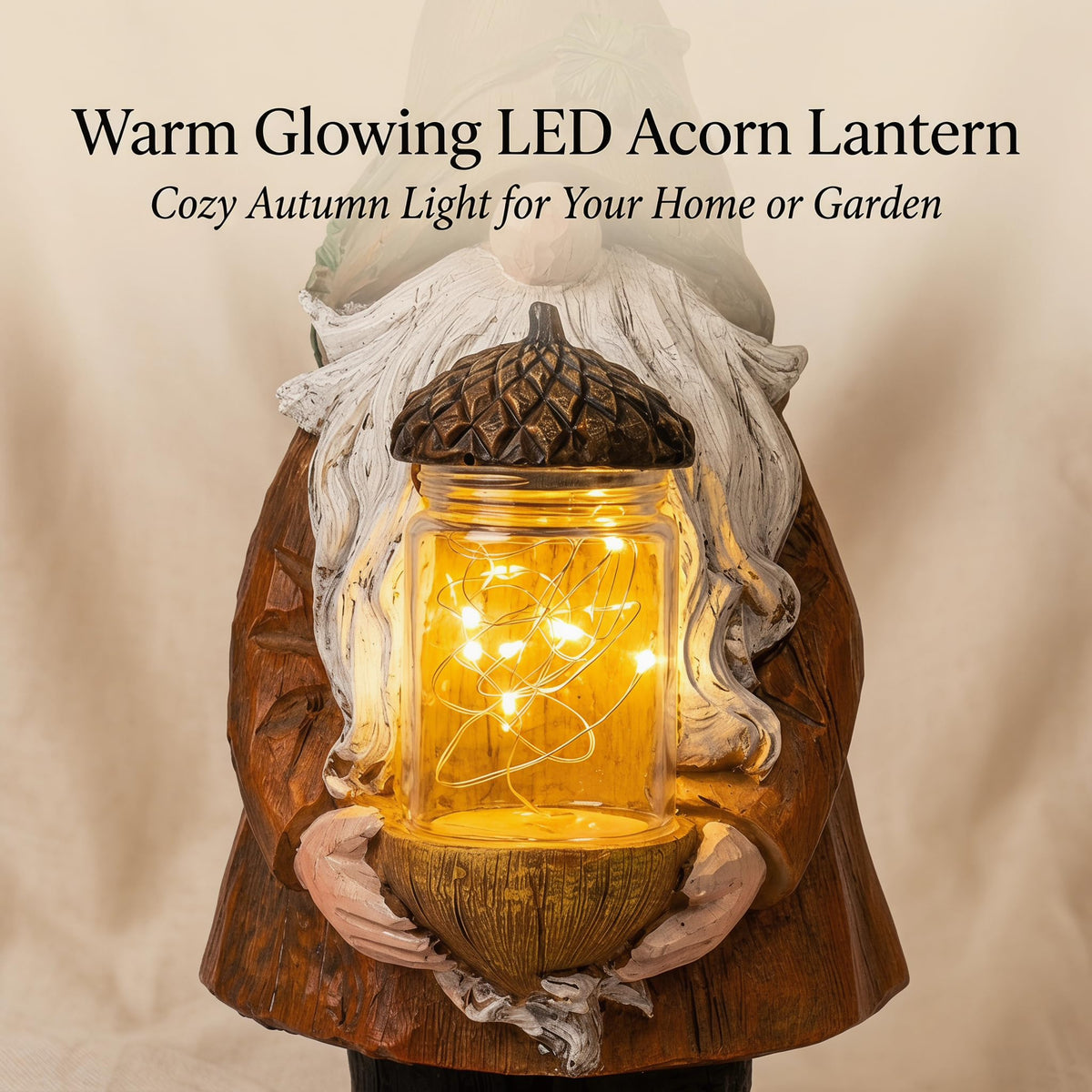 Topadorn Lighted Fall Garden Gnome with LED Acorn Jar, Resin Harvest Decor