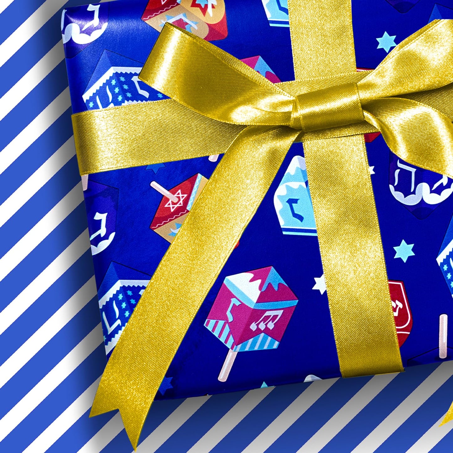 Hanukkah Wrapping Paper Roll, Double-Sided Foil Gift Wrap with Dreidel & Stripes, 17 inch x 33 feet, Blue Holiday Wrapping for Family, Kids Presents & Party Supplies