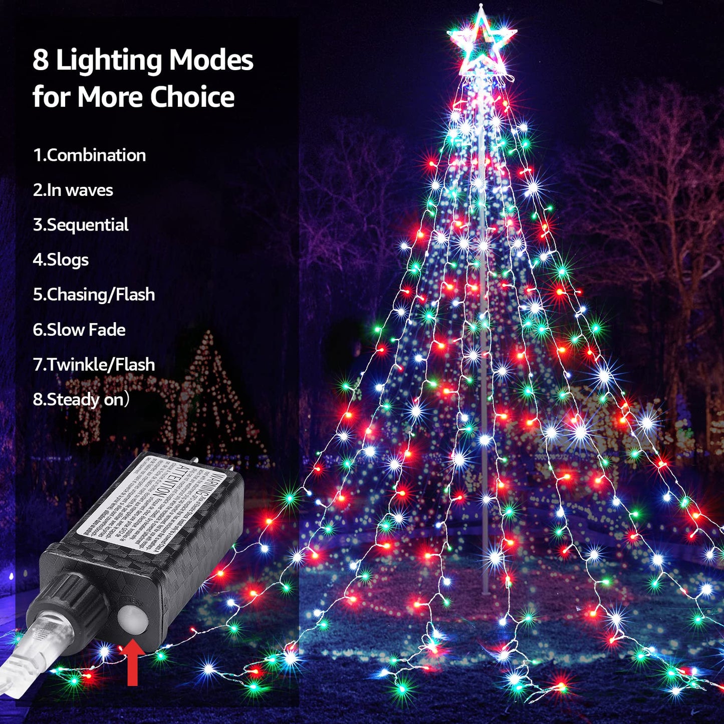 Outdoor Christmas Lights 344 LED Christmas Star Lights with 9 Strands 11.9ft Waterfall Tree Lights, 8 Modes, Waterproof & Timer for Garden Yard Patio Outdoor Xmas Decorations，Red Green White