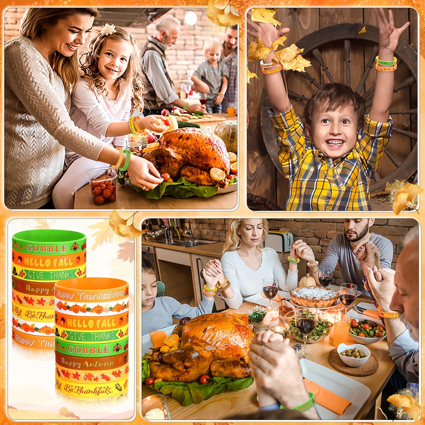 24Pcs Thanksgiving Silicone Bracelets Rubber Wristbands Fall Party Favors for Kids Decorations for Autumn Thanksgiving Party Kids Stuffers Filler Accessories Gifts Supplies