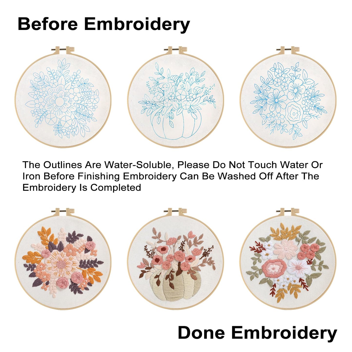 Embroidery Kit for Beginners, 3 Sets Stamped Cross Stitch Kits for Beginner, Floral Pattern Embroidery Starter Kits for Adults with Embroidery Hoop Instructions Threads and Needles Scissors