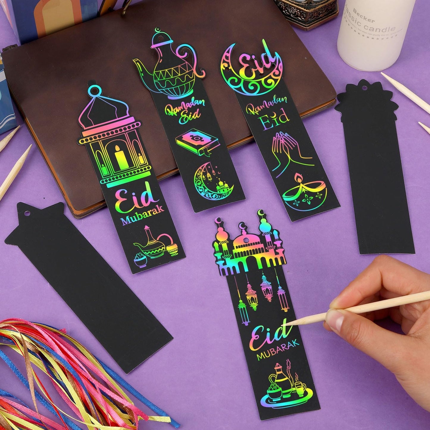 96Pcs Ramadan Crafts for Kids, Magic Rainbow Scratch Art Eid Bookmarks for Kids Ramadan Gifts Eid Activities for Kids Ramadan Arts and Crafts Eid Party Favors Hanging Ornaments
