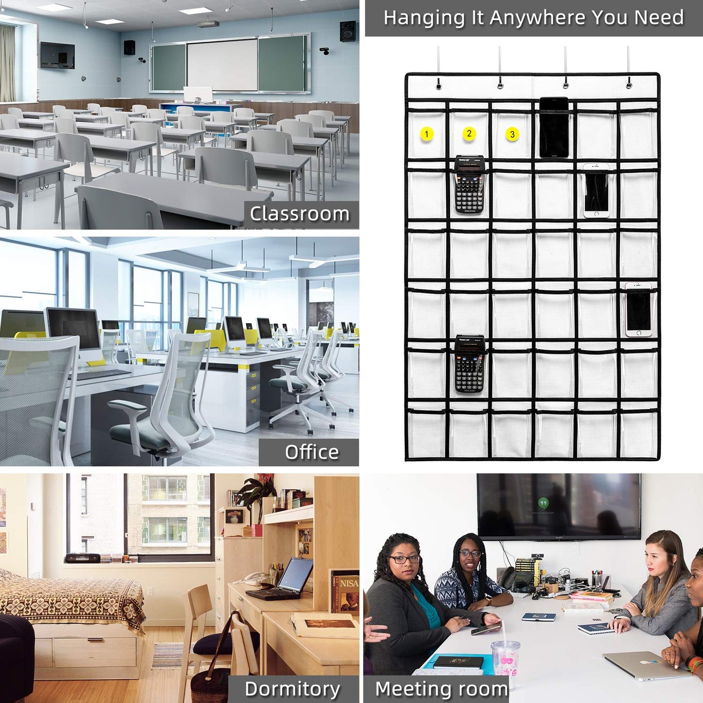 SAVERHO 36 Clear Pockets Classroom Pocket Chart for Cell Phones, Pocket Chart for Calculator Phone Holder with 36 Number Stickers and Hooks (White)