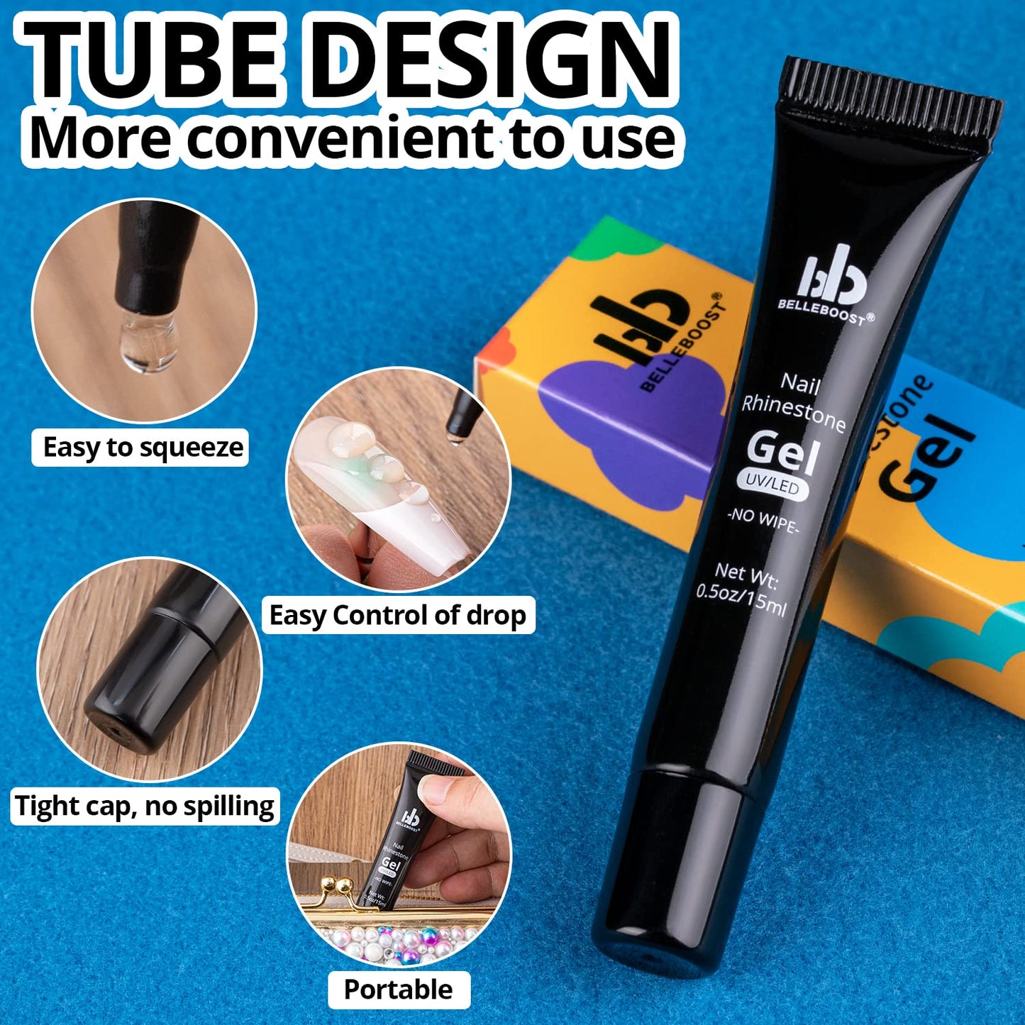 Nail Art Rhinestone Glue Kit - 1 Tube of 15ml Gel + Colorful Gems + Flat-back Round Glass Crystals With Pickup Tools