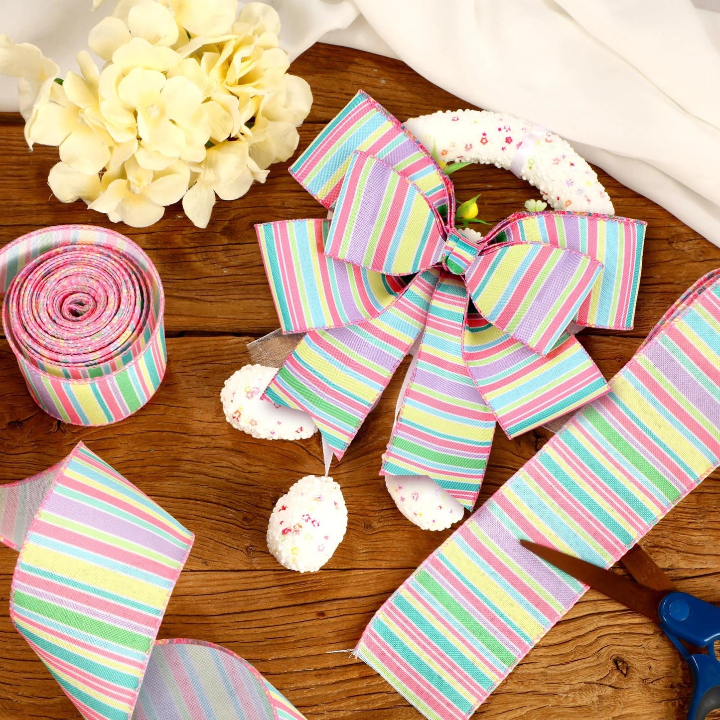 2 Rolls 20 Yards Easter Spring Wired Ribbon Pastel Wired Stripe Ribbon Edge Horizontal Stripe Canvas Spring Decorative Craft for Wrapping Christmas Party Crafting