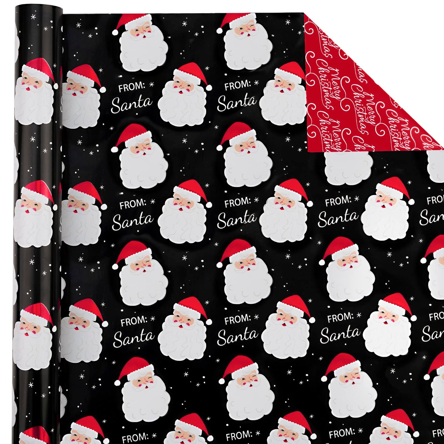 Reversible Vintage Christmas Wrapping Paper - Mini Roll - 17 Inch x 33 Feet - Black Jolly Santa Wrapping Paper and Red Merry Christmas Design with Metallic Foil Shine for Holiday, Party