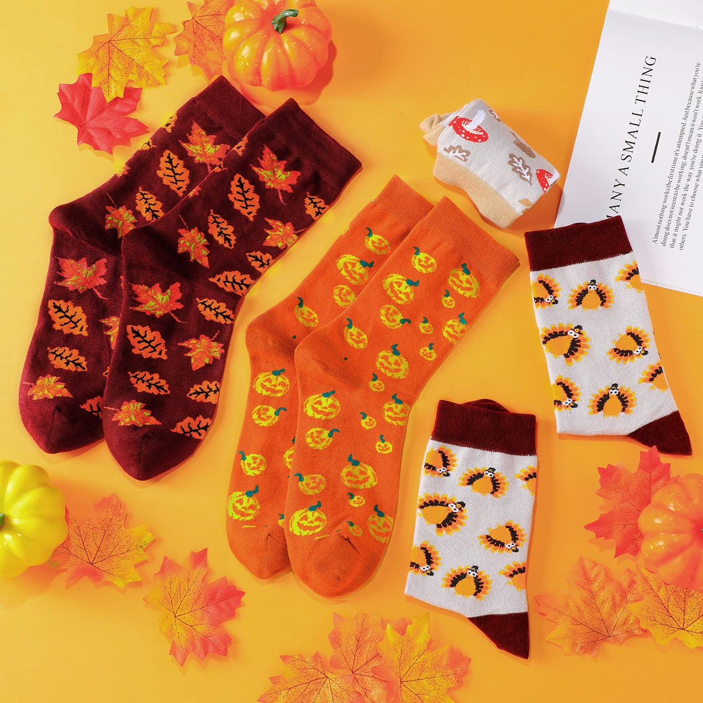 4 Pairs Thanksgiving Autumn Fall Socks Turkey Maple Leaf Pumpkin Mushroom Novelty Crew Socks for Women Men (Classic Warm Color)