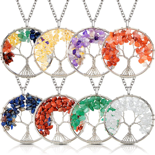 8 Pieces Life Tree Pendant Charms Gemstone Chakra Crystal Quartz Pendants Chakra Healing Charm for Necklace Earrings Bracelets Jewelry Making, Assorted Colors (Silver Chain Style)