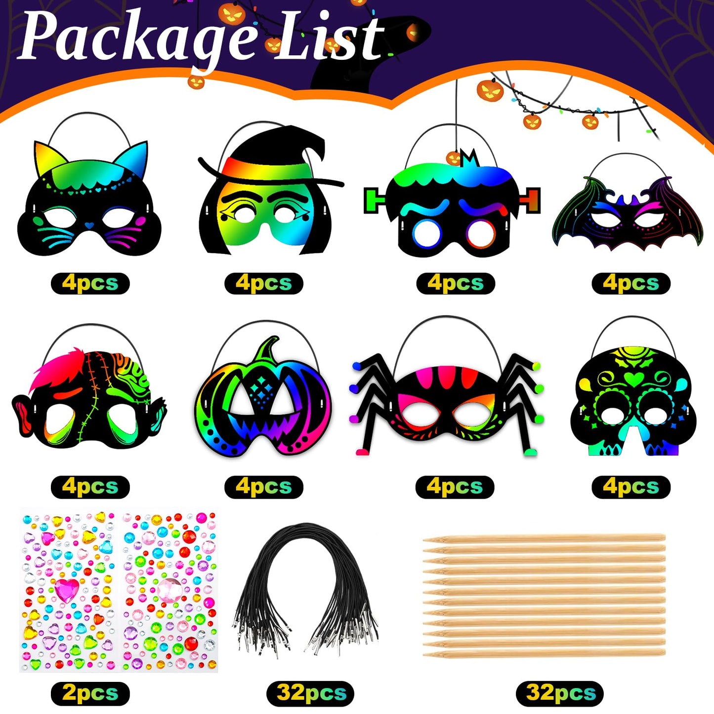 Natonhi 32Pcs Halloween Crafts for Kids Rainbow Scratch Mask, Halloween Games Scratch Art and Craft Kit Classroom Activities Favors Party Supplies