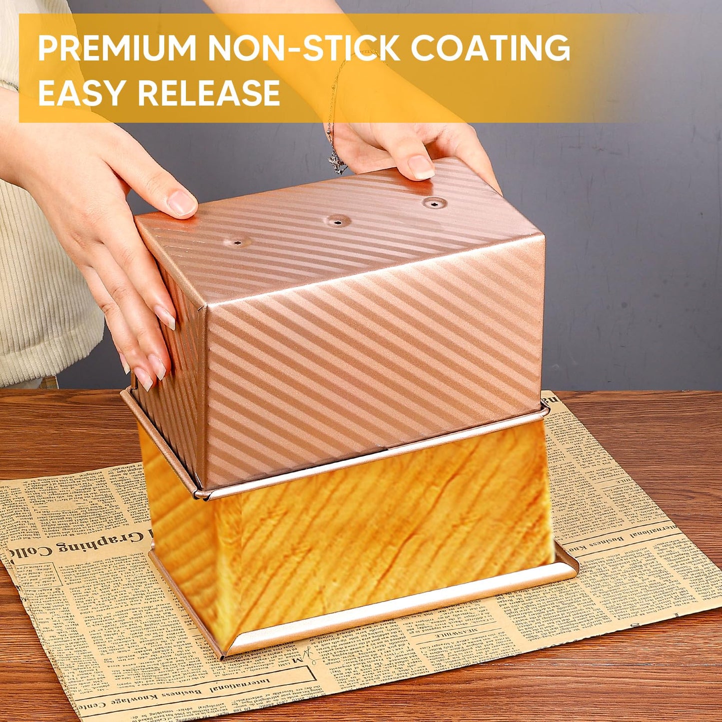 MOJIEZUO 2PCS Pullman Loaf Pan with Lid, 1 lb & 0.5 lb Dough Capacity Non-Stick Bakeware for Baking Bread, Carbon Steel Corrugated Bread Toast Box with Cover for Homemade Sandwich Bread, Rose Gold