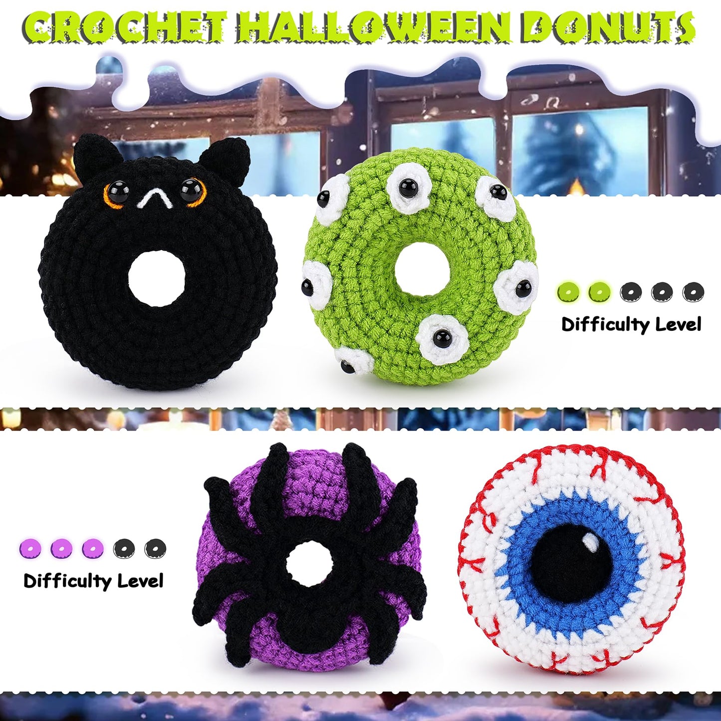 Crochet Kit for Beginners, 4 PCS Donut Family Crochet Kit with Step-by-Step Video Tutorials, Beginner Crochet Kit for Adults and Kids, Donut Family Crocheting Set