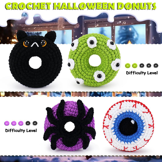 Crochet Kit for Beginners, 4 PCS Donut Family Crochet Kit with Step-by-Step Video Tutorials, Beginner Crochet Kit for Adults and Kids, Donut Family Crocheting Set