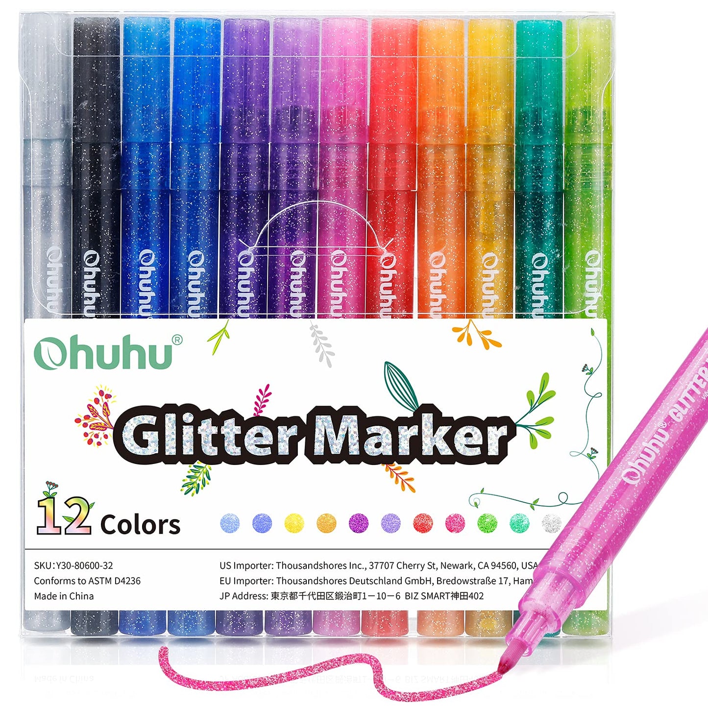 Glitter Markers Pen 12 Glitter Colors Metallic Shimmer Marker Fine Point Tip Water-based Ink for Kids Adults DIY Crafts Greeting Birthday Cards Making Poster Album Scrapbooking Mugs Wood