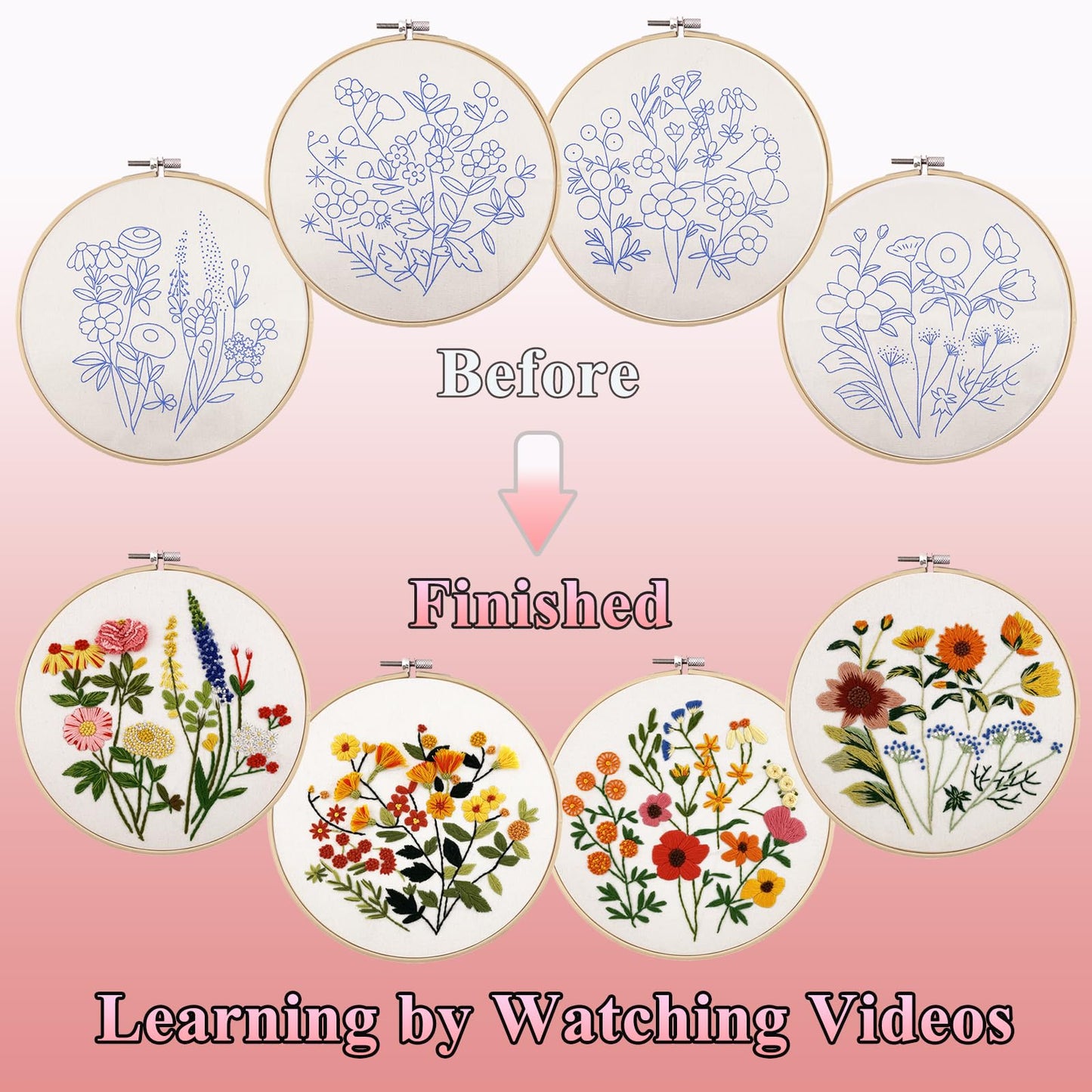 4 Sets Embroidery Kit for Beginners with Stitch Video, Flower Cross Stitch Kits for Adults, Starter, Hand Craft Lover Practice with Floral Stamped Pattern, 2 Hoops, Needles, Scissors, Tools