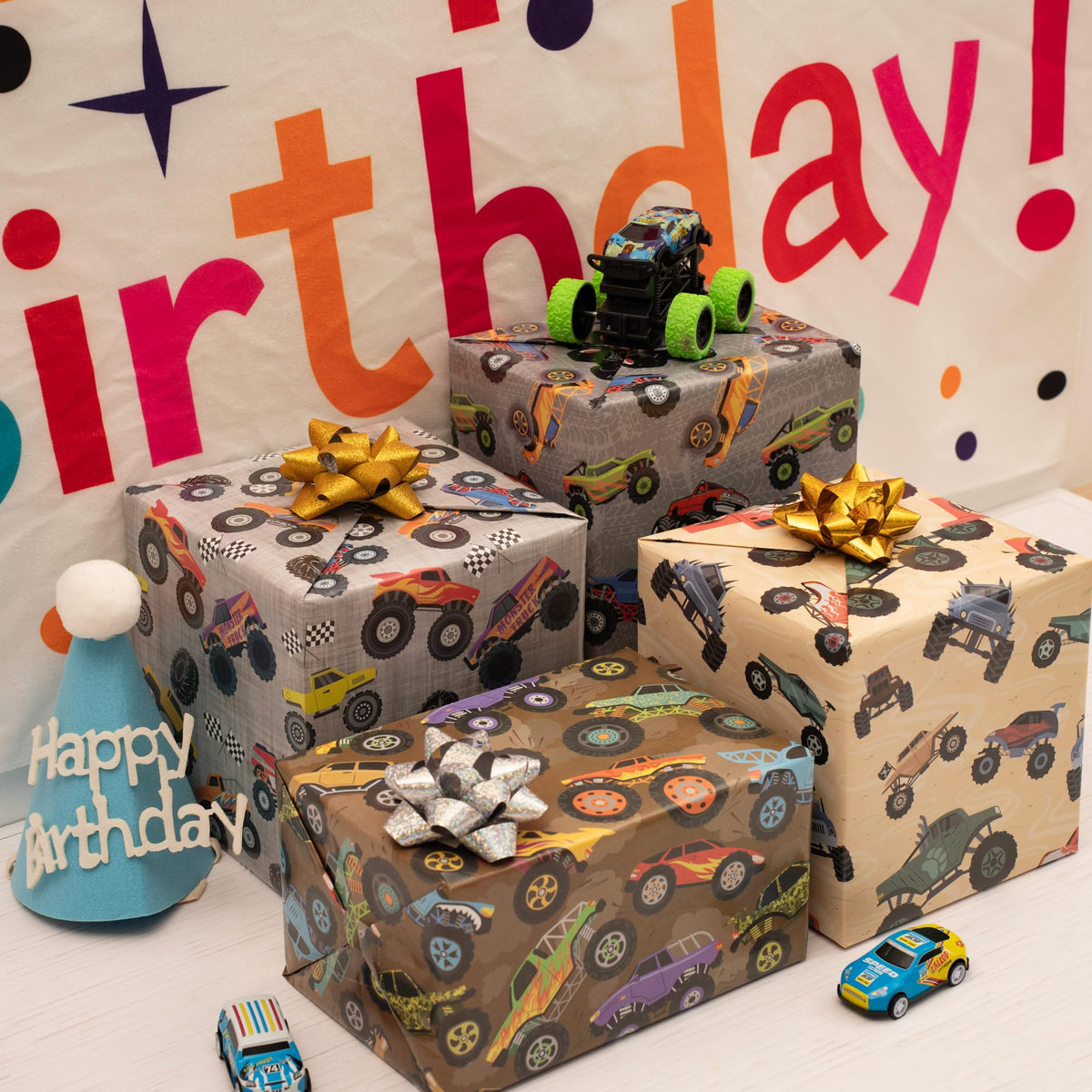 Monster Trucks Wrapping Paper for Kids Birthday Baby Shower - Gift Wrap with Monster Trucks, Checkered Flag Designs - 20 x 29 Inches, 8 Folded Sheets
