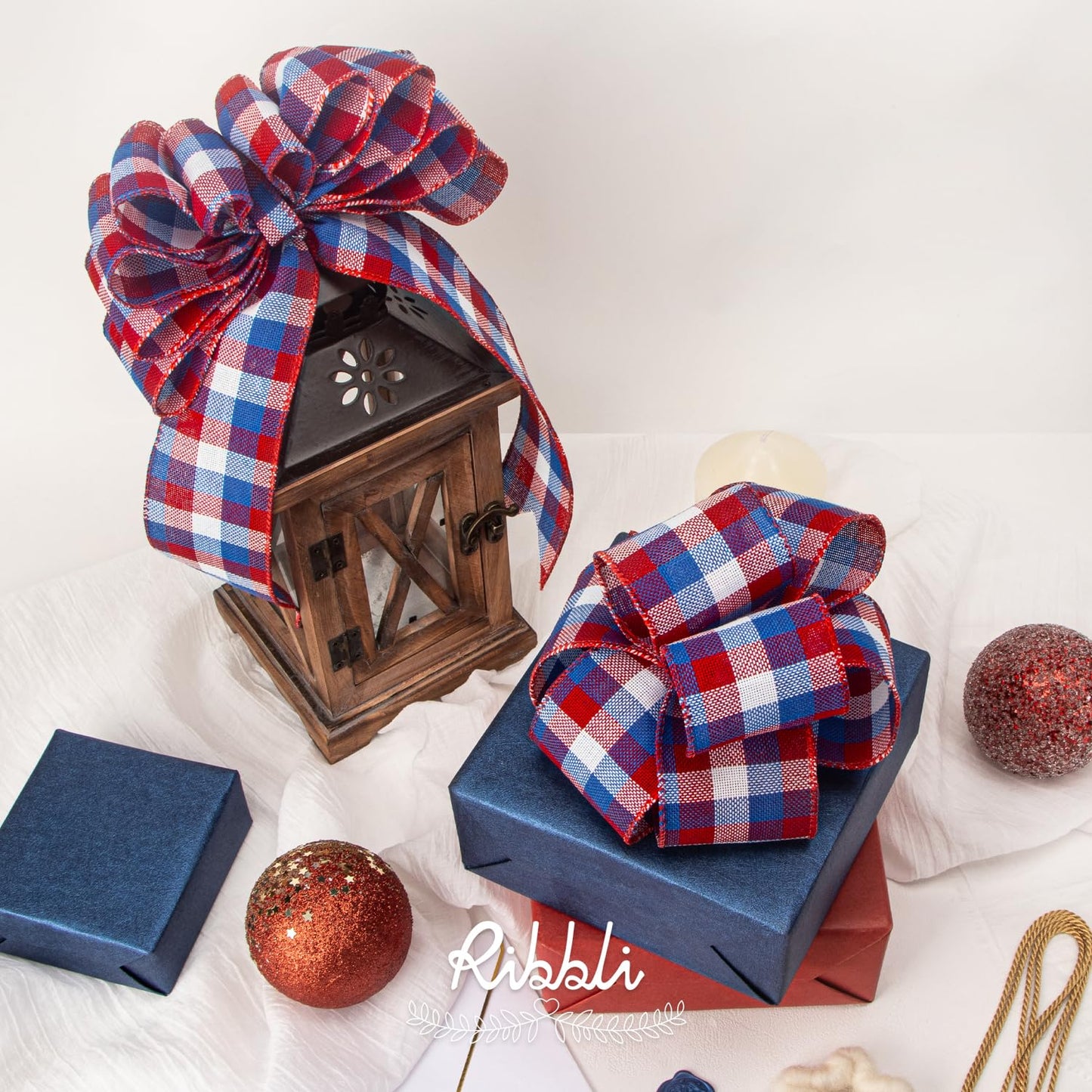 Ribbli Patriotic Red/White/Blue Check Wired Ribbon, 2-1/2 Inch x 10 Yard,4th of July Buffalo Plaid Ribbon,Burlap Ribbon for Big Bow,Wreath,Tree Decoration,Outdoor Decoration