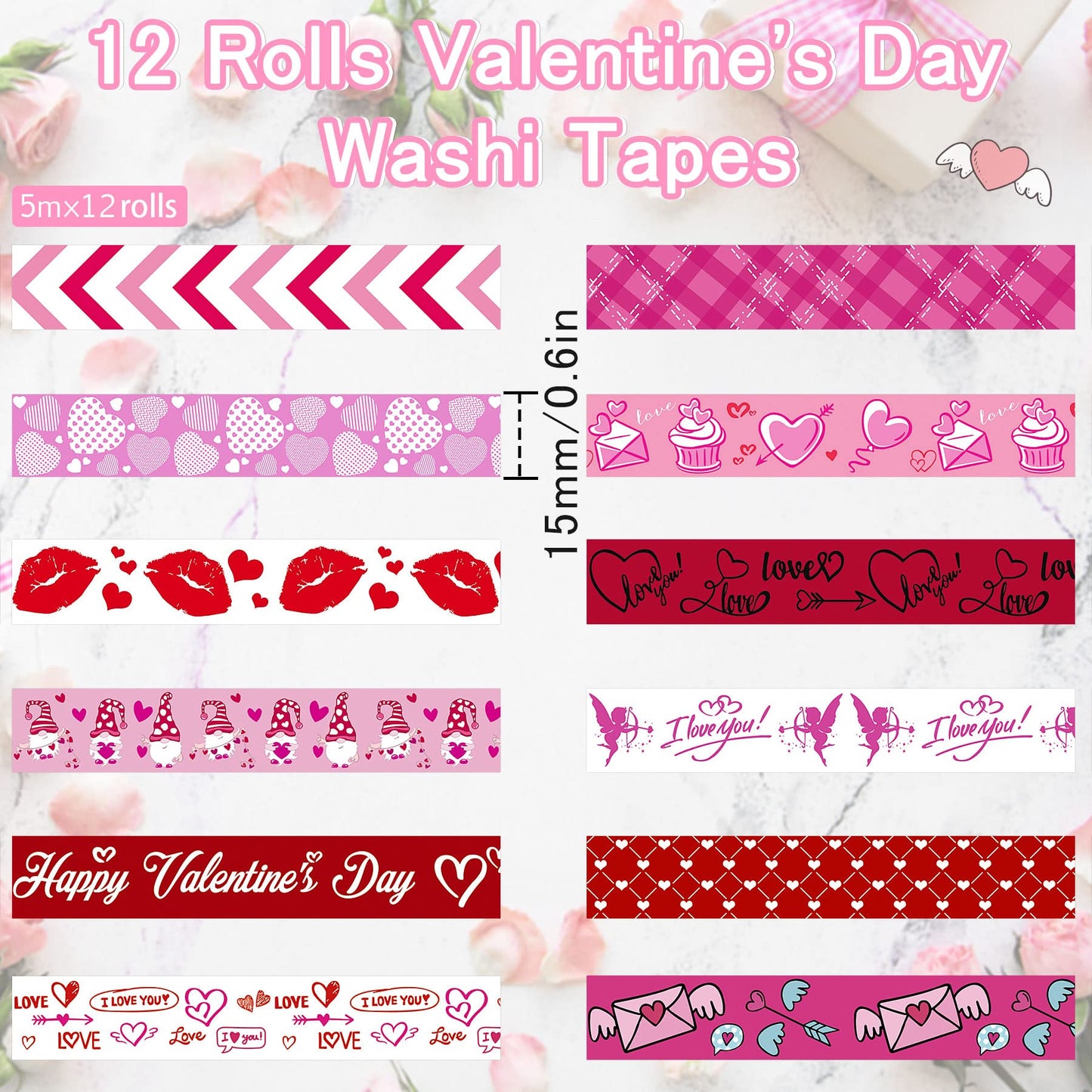 12 Rolls Valentine's Day Washi Tape 15mm Red Pink Love Valentines Masking Tapes Wedding Party Decorations for DIY Scrapbook Journal Card and Gift Wrapping