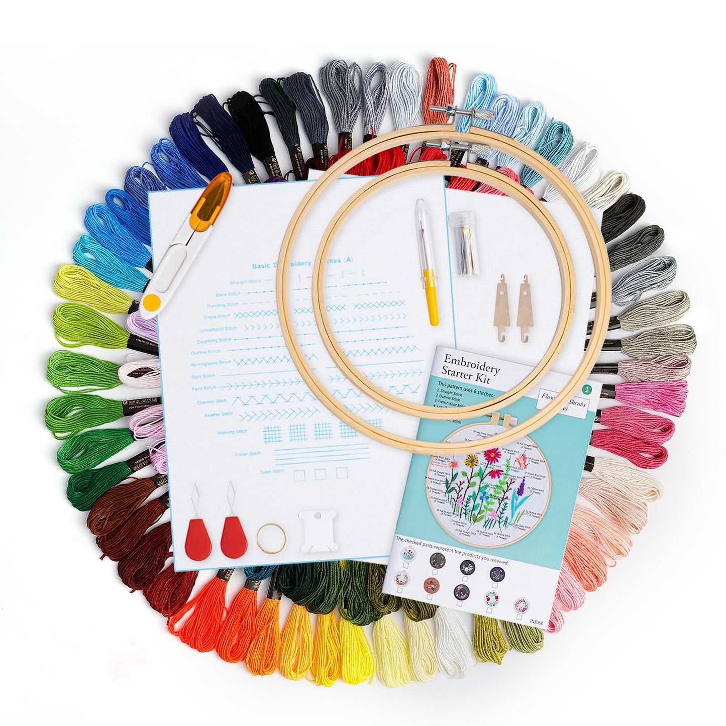 Caydo Embroidery Kit with Water Soluble Embroidery Stabilizer Including 2Pcs Embroidery Hoops, 100 Color Threads, Embroidery Fabric, and Cross Stitch Tool Embroidery Starter Kits for Adults Beginners