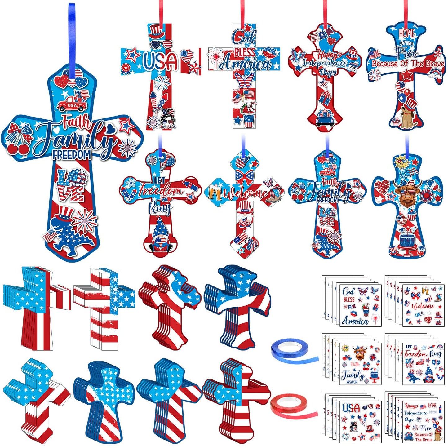 Watersay 48 Set Religious 4th of July Cross Craft Kit DIY Christian Patriotic Craft Sticker Make Your Own Ornament for Sunday School VBS Class Project Home Party Activity (Independence Day, Blue)