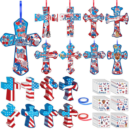 Watersay 48 Set Religious 4th of July Cross Craft Kit DIY Christian Patriotic Craft Sticker Make Your Own Ornament for Sunday School VBS Class Project Home Party Activity (Independence Day, Blue)
