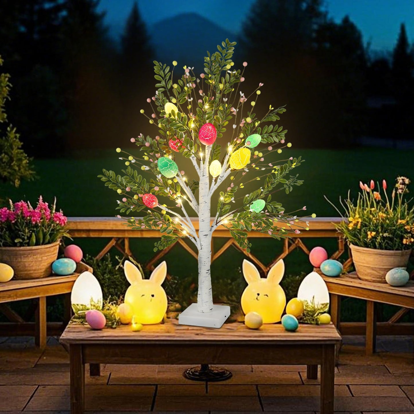 27 Inch Easter Decorations for Home – 2 Pack Lighted Easter Trees, Light Up Birch Trees with Easter Egg, Tabletop Spring Decor for Mantel Indoor Office