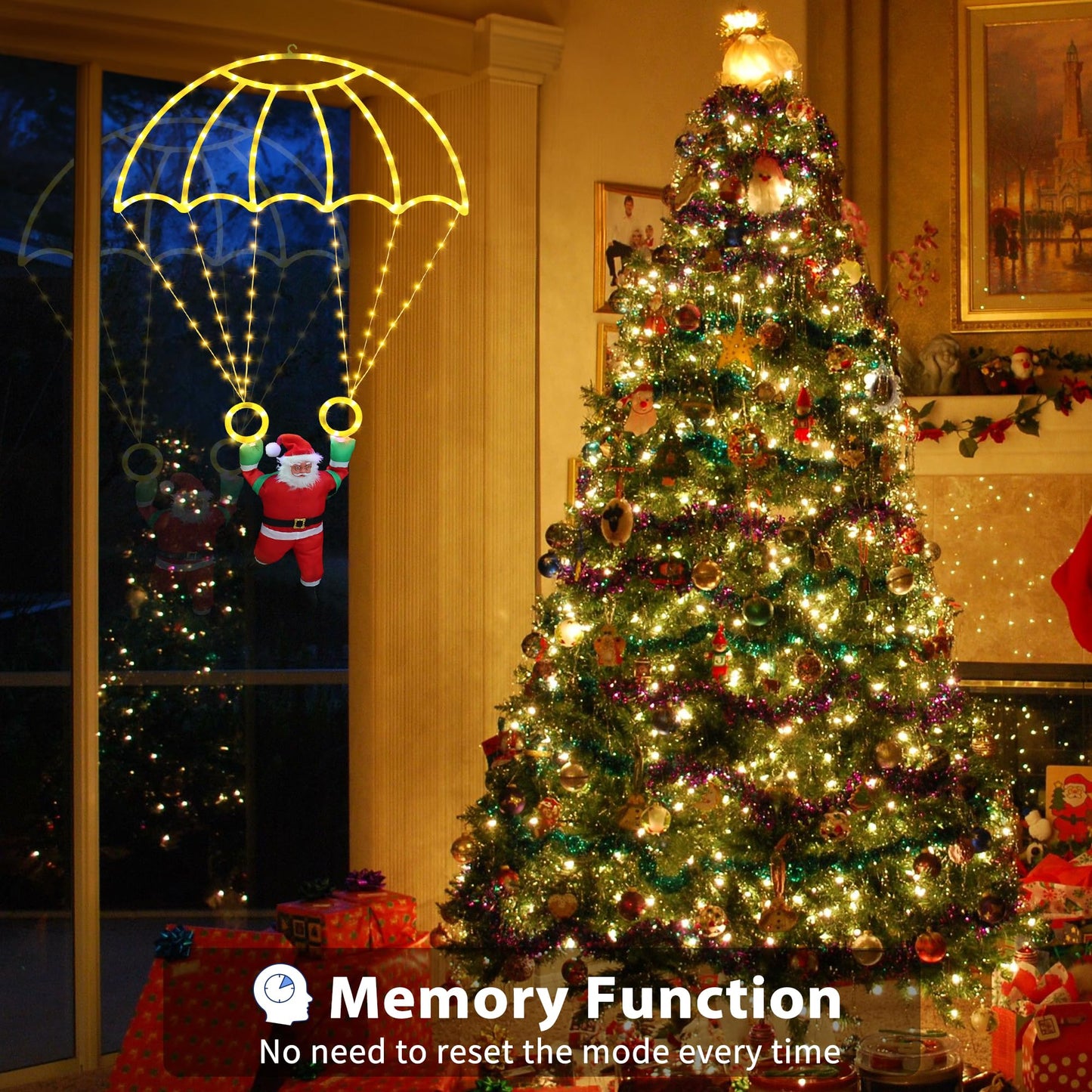 Christmas Decorations Lights Outdoor, 2.8FT Christmas Parachute Lights with Santa Claus, Waterproof 8 Modes Hanging Warm White Xmas Light - Holiday Decorative Light for Indoor Eave Roof