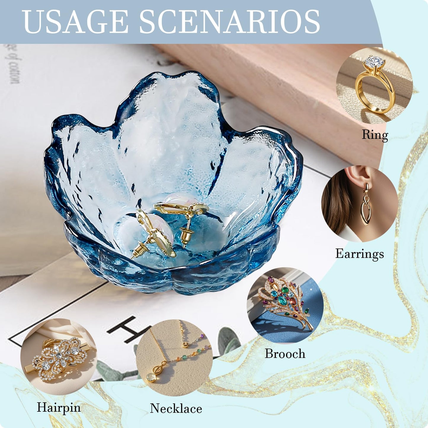 Binoster Blue Flower Glass Ring Dish Jewelry Tray Ring Holder Dish Cute Room Decor Vanity Organizer for Nightstand or Bathroom Aesthetic Trinket Dish Gift for Wife Mom Daughter