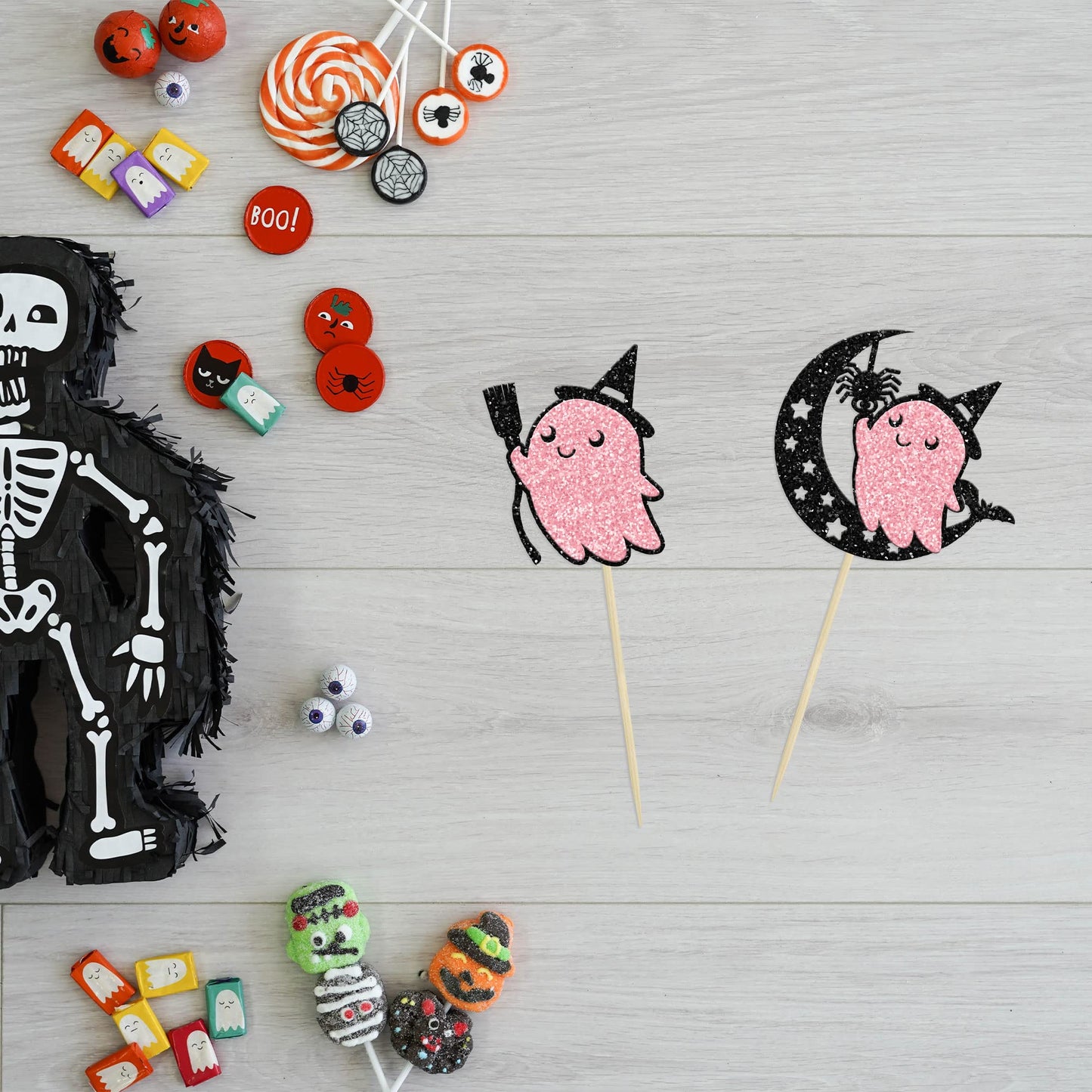 24Pcs Pink Halloween Cupcake Toppers Pink Ghost Little Boo Cake Toppers Decorations for Pink Girl Halloween Birthday Baby Shower Party Supplies