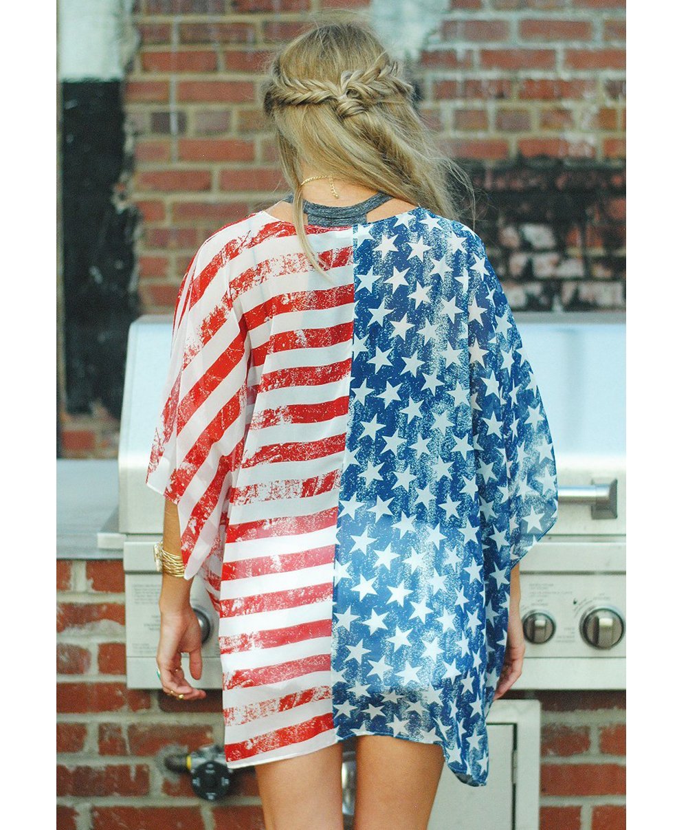 Askwind 4th of July Women's American Flag Print Kimono Cover Up Tops Shirt (A1)