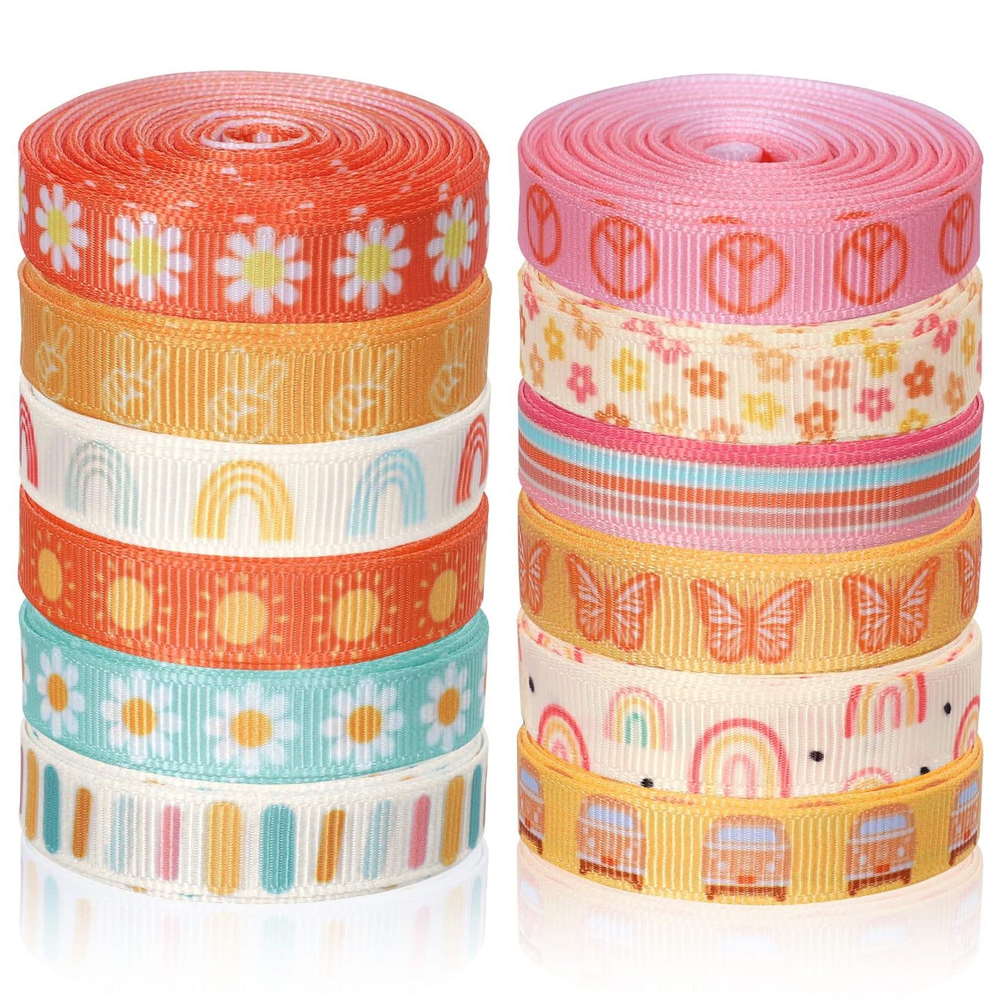 12 Rolls Groovy Retro Hippie Boho Ribbon Rainbow Butterfly Daisy Flower Craft Ribbon 60 Yards 3/8 Inch Printed Grosgrain Fabric Ribbon for Wreath Bow Making DIY Crafts Wrapping