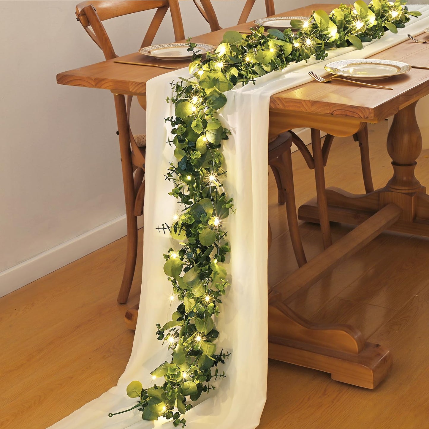Dolicer 2 Packs 6FT Artificial Eucalyptus Garland with LED Light String, Faux Greenery Garland Hanging Fake Silver Dollar Eucalyptus Leaves Vines for Wedding Backdrop Arch Table Wall Party Home Decor