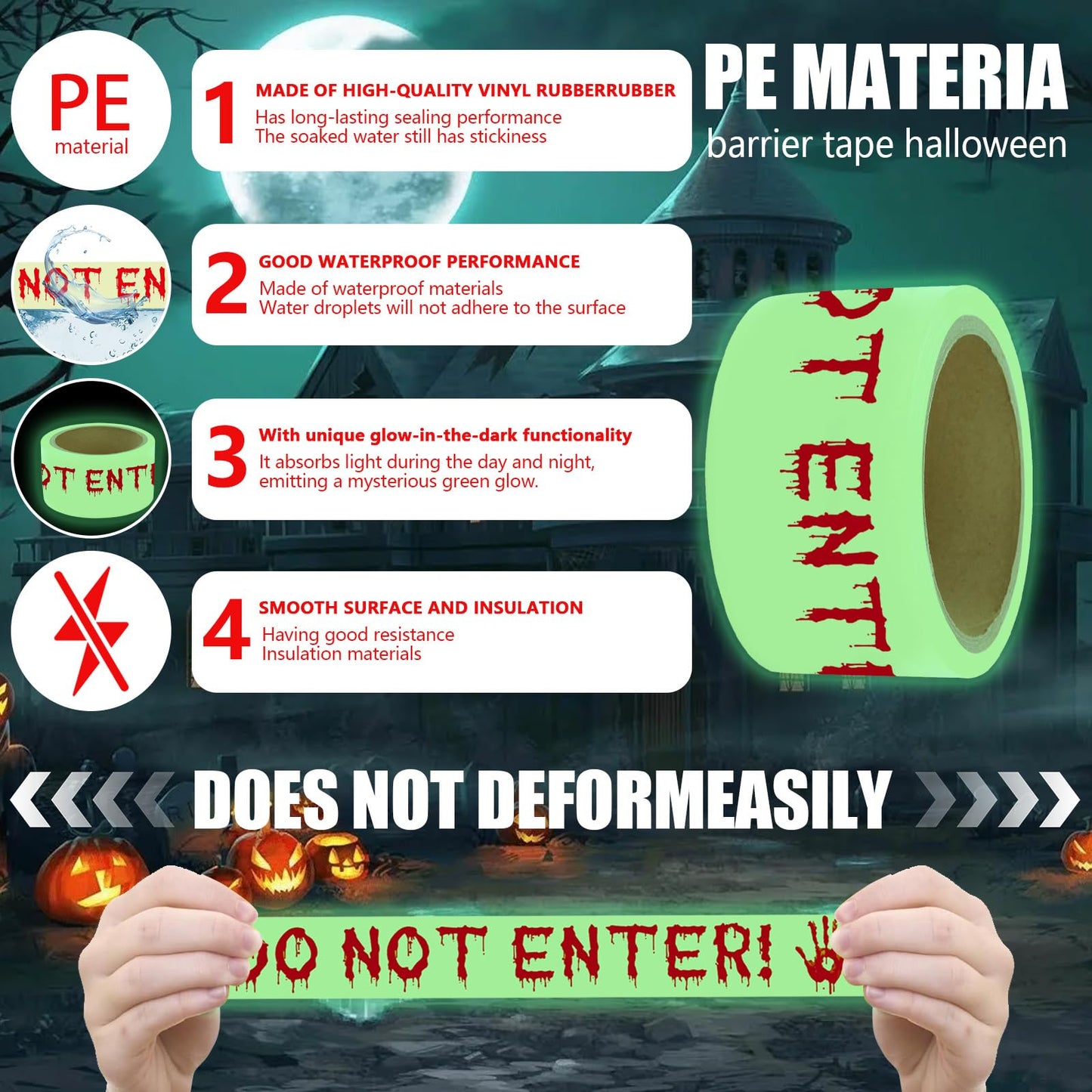 Glow in The Dark Halloween Decorations Caution Tape 2inx16.4ft Do Not Enter Scary Caution Tape Roll Hazard Warning Tapes Indoor Outdoor Barricade Safety Spooky DIY Home Party Door Danger Zones Office