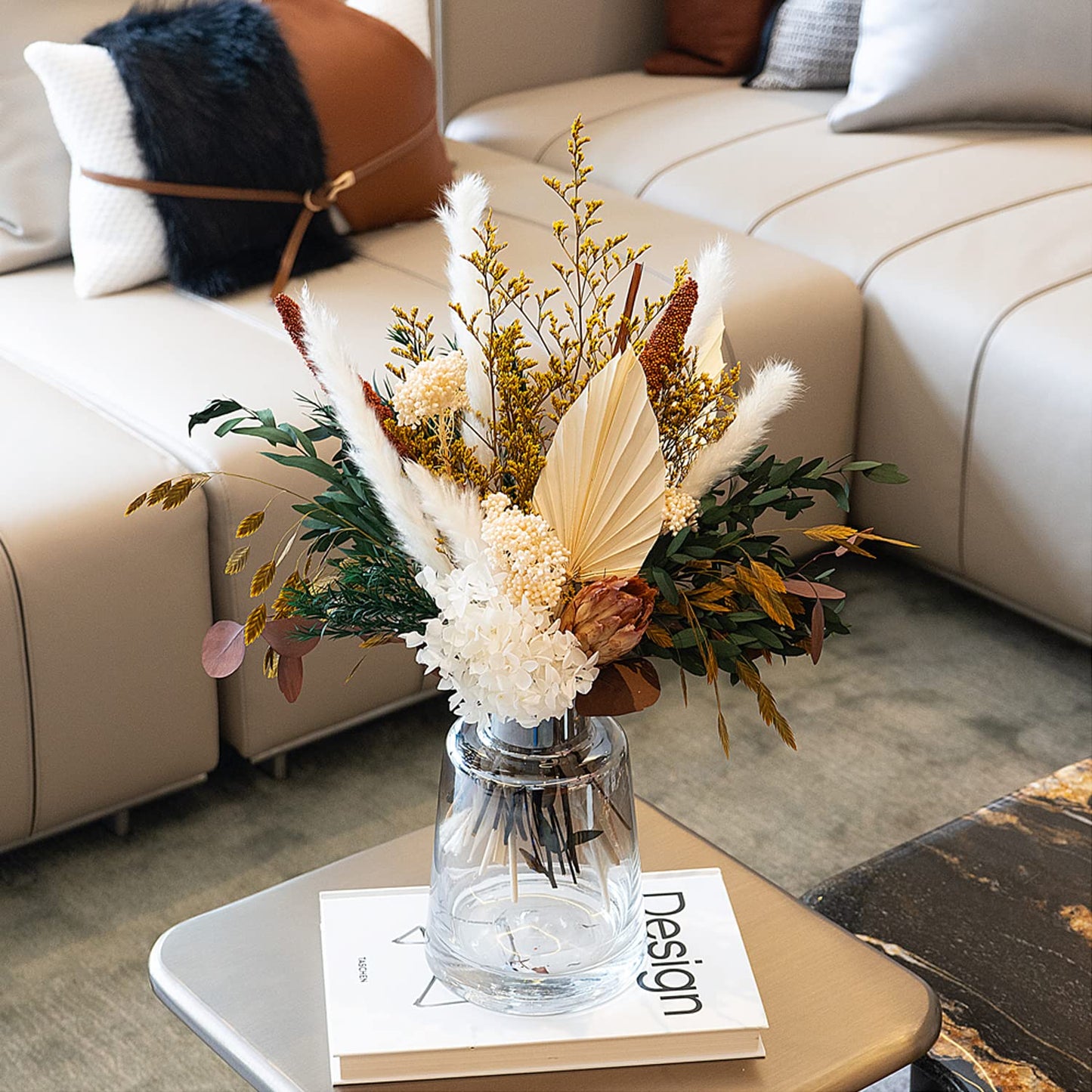 Natural Dried Flower Bouquet - Pampas Grass Decor, Fall Floral Arrangements with Eucalyptus, Plams, Hydrangea, Rustic Bouquet for Vase, Boho Table Centerpiece, Bohemia Home Wedding Decoration