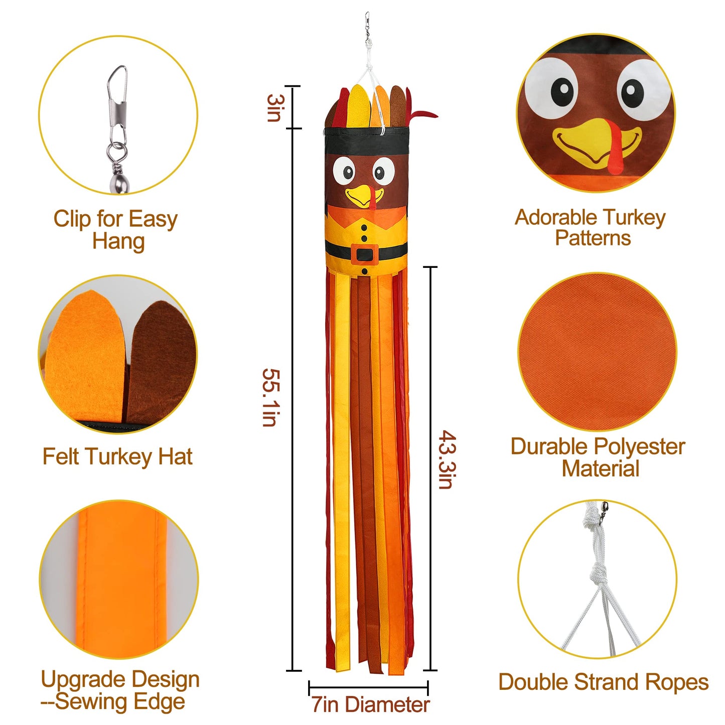 2Pcs 55 Inch Fall Thanksgiving Turkey Windsocks - Fall Decorations - Thanksgiving Party Home Farmhouse Yard Wind Sock Outdoor Hanging Decor