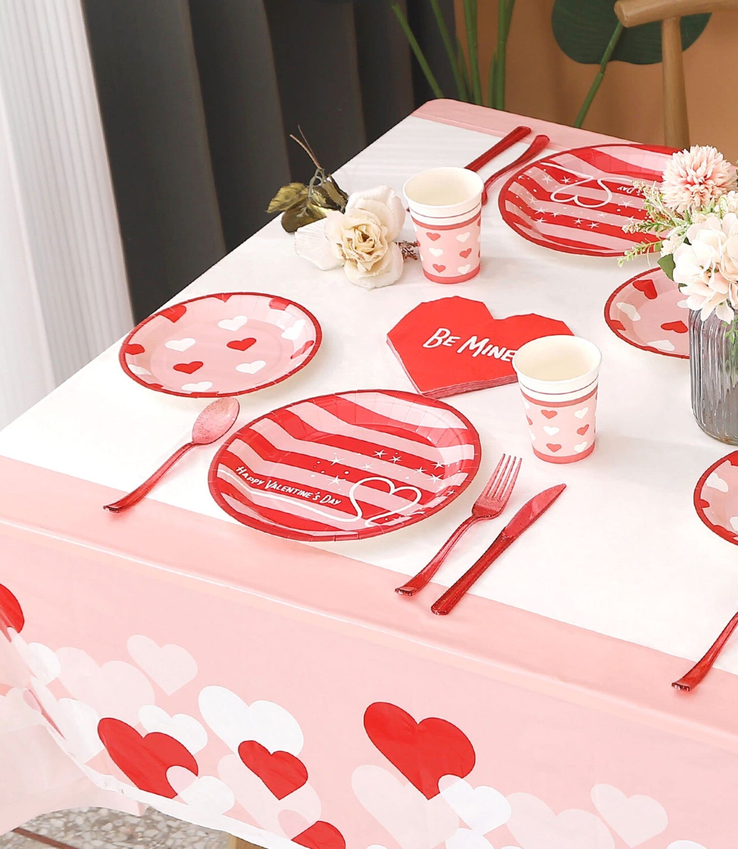 Valentines Day Plates and Napkins Sets - Serves 16 - Includes Paper Cups Cutlery for Valentine Decor Party Supplies Paper Straws Valentines Day Decor Valentine's Day Decorations