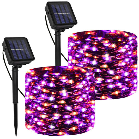 Solar Powered String Lights Outdoor, Purple Orange 2 Pack Total 200 LED 66FT Solar Powered Halloween Decorative Fairy Lights 8 Modes Black Wire for Halloween, Garden, Patio, Party, Yard, Christmas