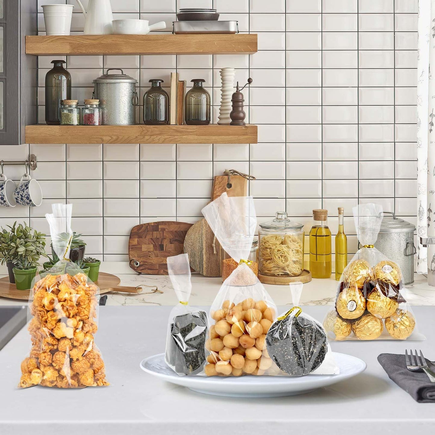 200 Count Poly Treat Bags with 4" Twist Ties Assorted Colors 2.4mils Thickness OPP Plastic Bags of Candy Cookie Treat (4" X 6")